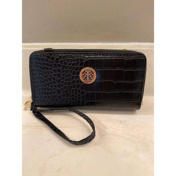 Crossbody Wristlet Wallet Pocketbook Purse Zip Around Black Crocodile Print - Picture 2 of 12